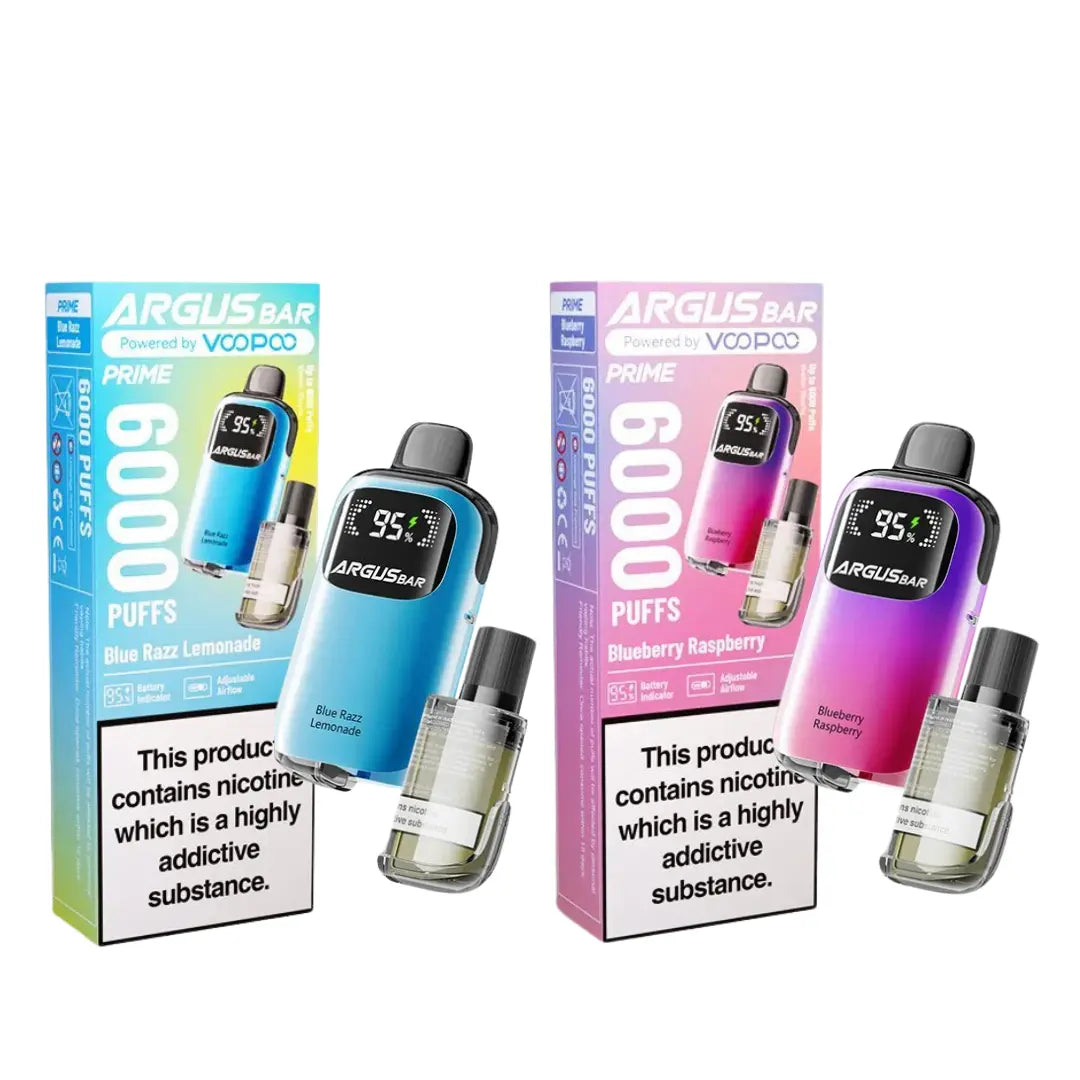 The image showcases the Voopoo Argus Bar Prime Disposable Vape Kits in two colour variants: a blue Blue Razz Lemonade option and a pink-purple Blueberry Raspberry variant. The packaging highlights the product's key feature of delivering up to 6000 puffs. Each kit is shown with a compact, sleek device displaying a battery indicator on the front, along with a visible pre-filled pod attached. Prominent text at the bottom of the packaging states,This product contains nicotine