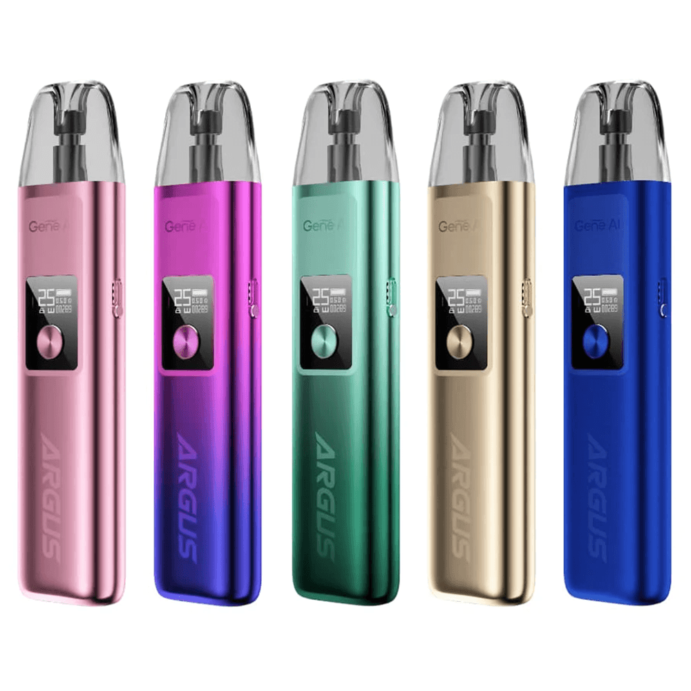 Five Voopoo Argus G Pod Kits in pink, purple, green, gold, and blue, with display screens.