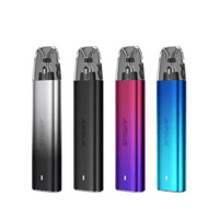 Four Voopoo Argus G2 Mini Pod Vape Kits in silver, black, purple, and blue.