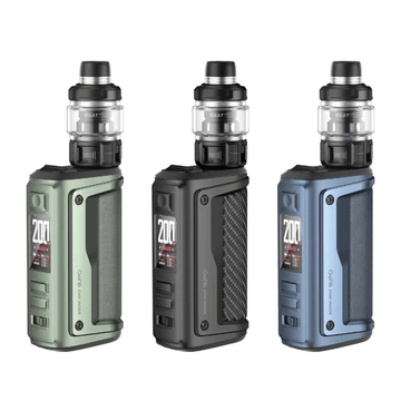 Three Voopoo Argus GT II vape kits in green, black, and blue with a digital display.