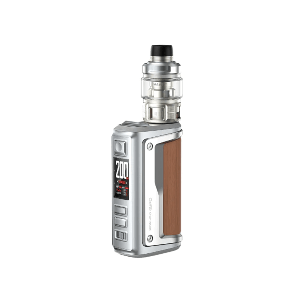 VooPoo Argus GT II vape kit with a sleek silver and wood design.