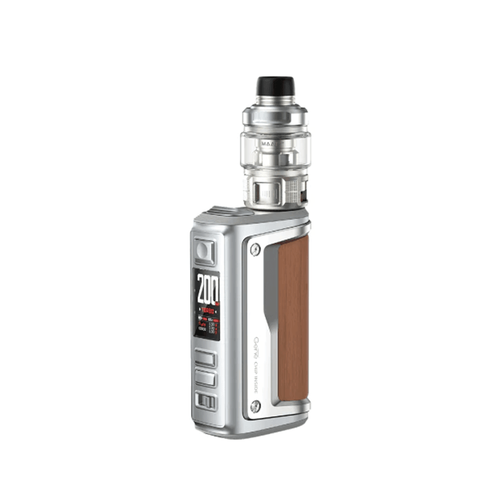 Voopoo Argus GT II vape kit with silver body and wooden panel.