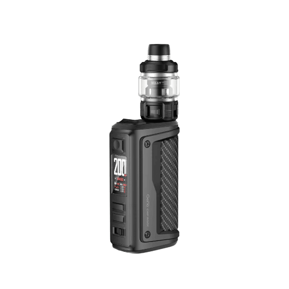 Voopoo Argus GT II vape kit in black with a clear tank and digital display.