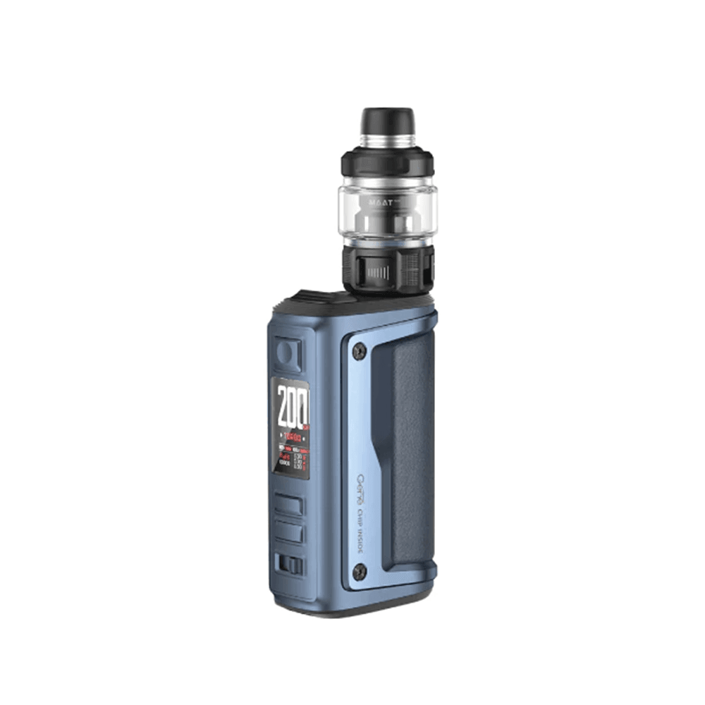 Blue Voopoo Argus GT II vape kit with a digital display and tank.