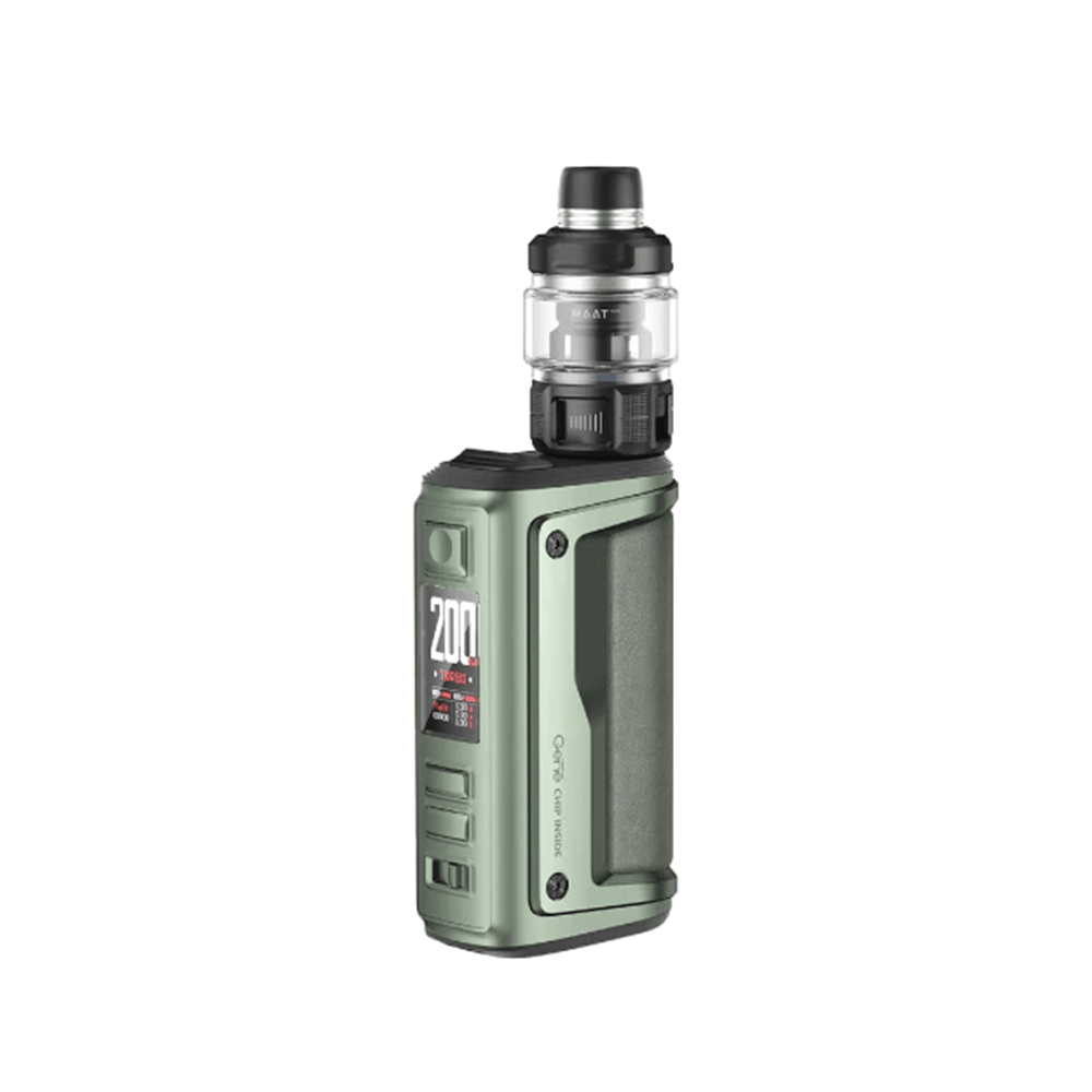 Green Voopoo Argus GT II vape kit with display and tank.