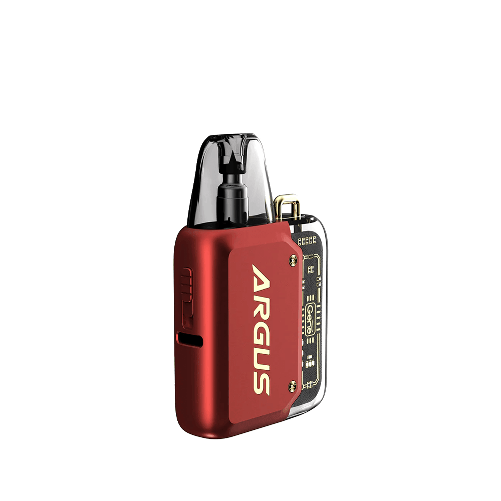 Red VOOPOO Argus P1 pod kit with transparent top, displayed on a white background.