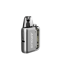 Sleek silver Voopoo Argus P1 pod vape kit with transparent top, displayed on white background.