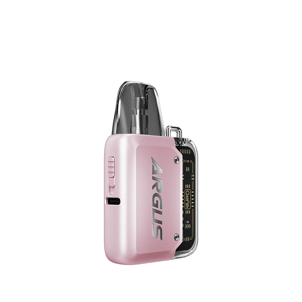 Pink Voopoo Argus P1 pod kit with transparent top and sleek design.