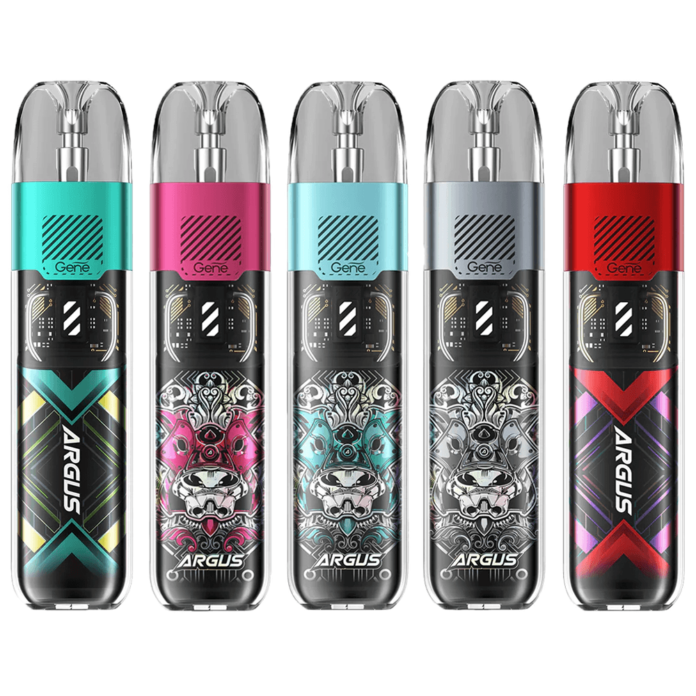 Five VooPoo Argus P1S Pod Kits in various colours, featuring bold graphic designs.