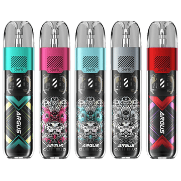 Five VooPoo Argus P1S Pod Kits in various colours, featuring bold graphic designs.