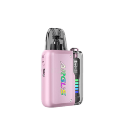 Three Voopoo Argus P2 pod vape kits in black, purple, and teal with visible displays.