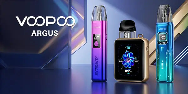 VOOPOO Argus pod systems collection featuring the Argus G2 in iris purple, the Argus P3 square pod mod, and the Argus Matrix in celestial blue.