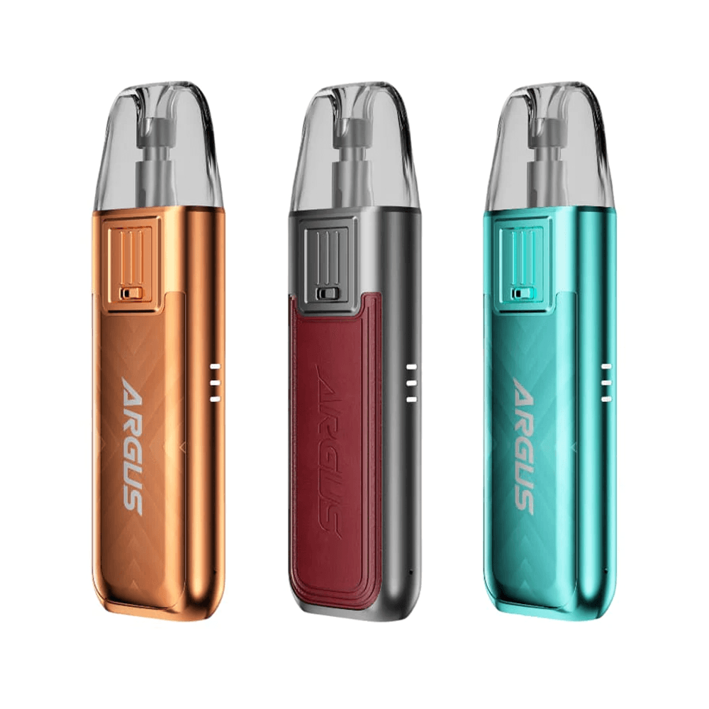 Three VOOPOO Argus SE Pod Kits in copper, black, and teal colours displayed upright.