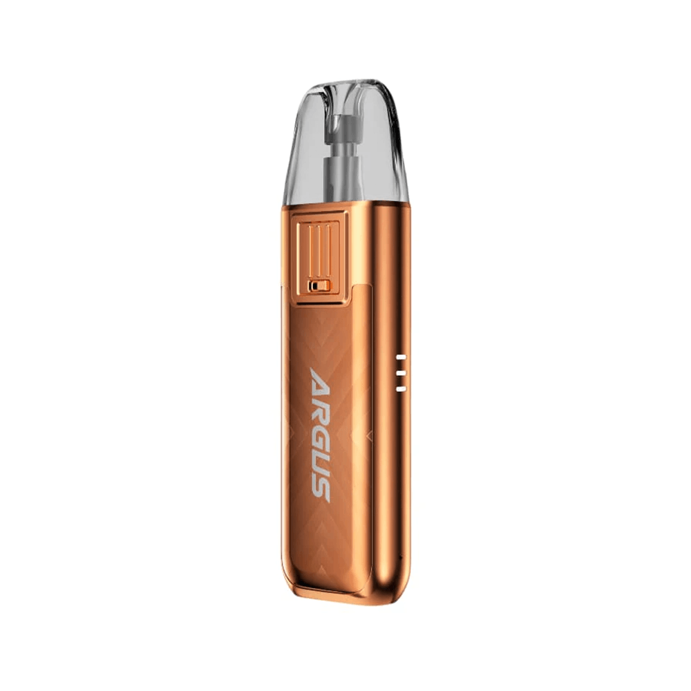 Copper Voopoo Argus SE Pod Kit with clear mouthpiece, standing upright.