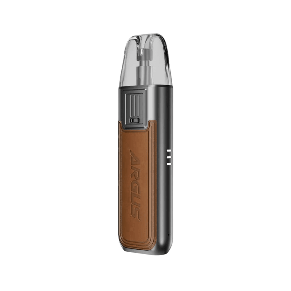 VooPoo Argus SE Pod Kit with brown leather grip and sleek metallic finish.