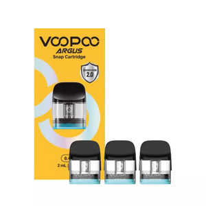 VooPoo Argus Snap cartridge 2ml capacity packaging with three replacement pods showing mesh coil 2.0 technology for Argus Series pod kits