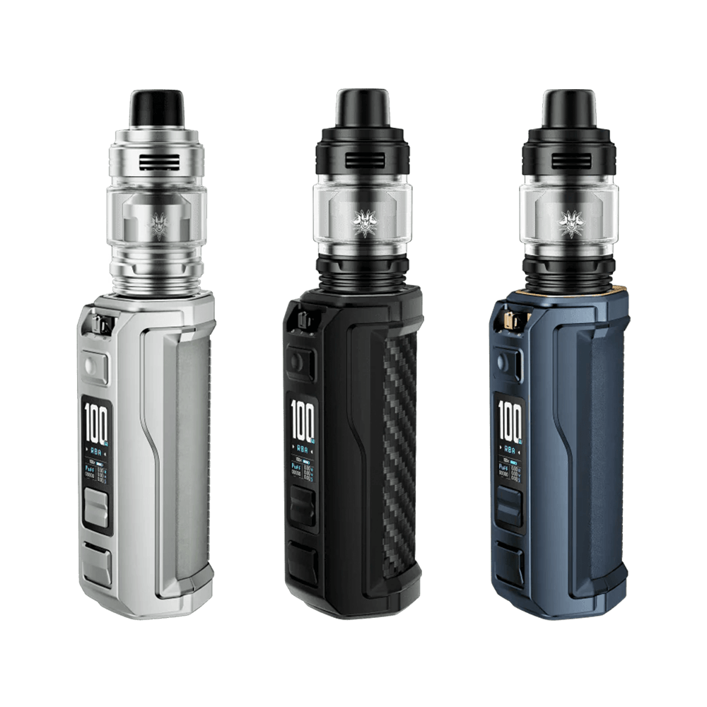 Three Voopoo Argus XT 100W vape kits with Uforce-L tanks in silver, black, and blue.