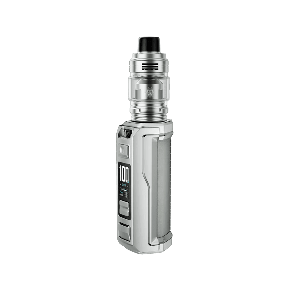 Silver Voopoo Argus XT 100W vape kit with Uforce-L tank, display screen showing "100".