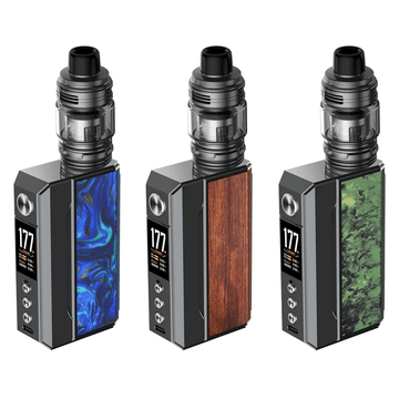 Three Voopoo Drag 4 box mod kits with blue, wood, and green designs.