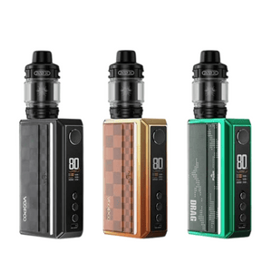 Three Voopoo Drag 5 vape kits in black, bronze, and green, featuring digital displays.