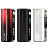 Three Voopoo Drag M100S mods in red, black, and white, showcasing sleek design with digital displays.