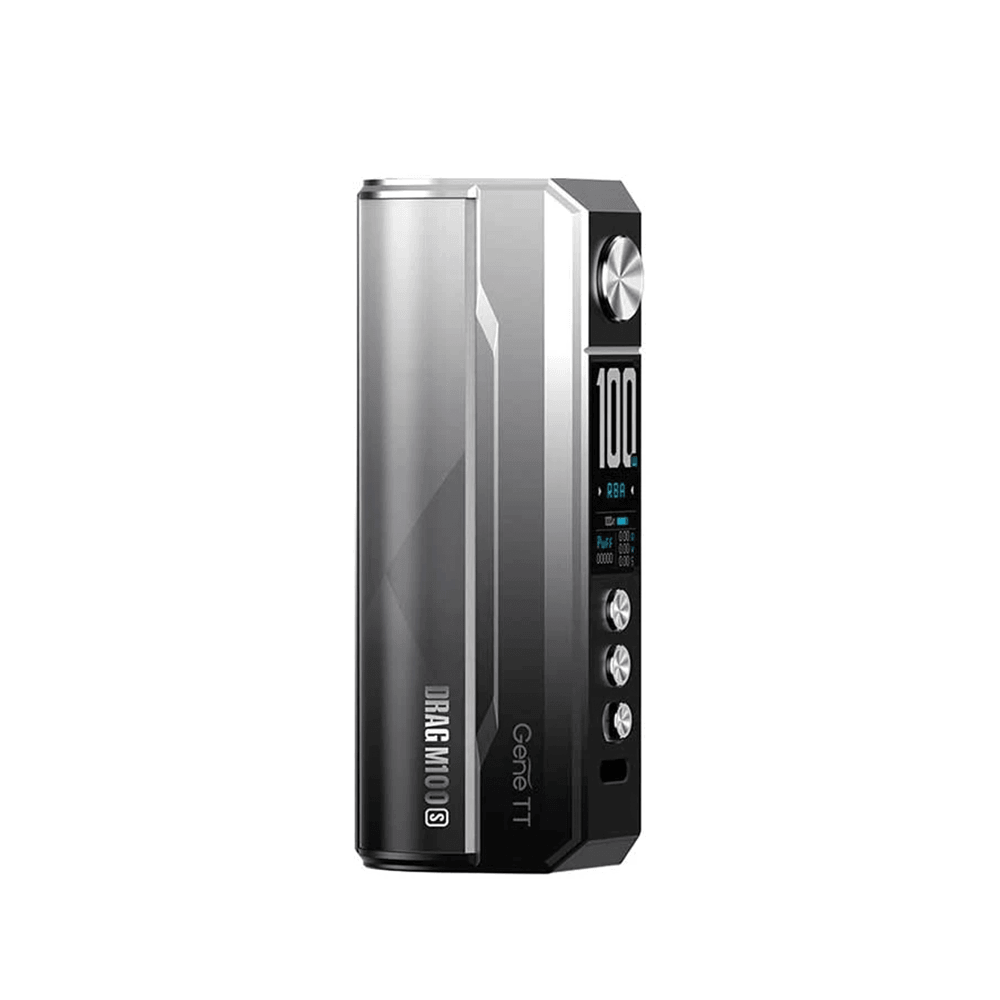 Voopoo Drag M100S Mod, sleek silver design with digital display and control buttons.