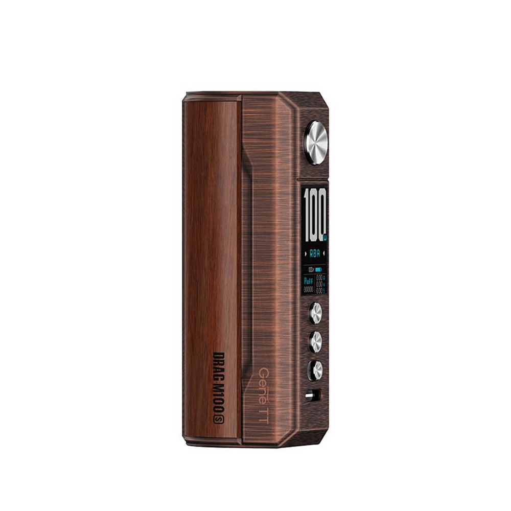 Wood-grain Voopoo Drag M100S vape mod with display and buttons.