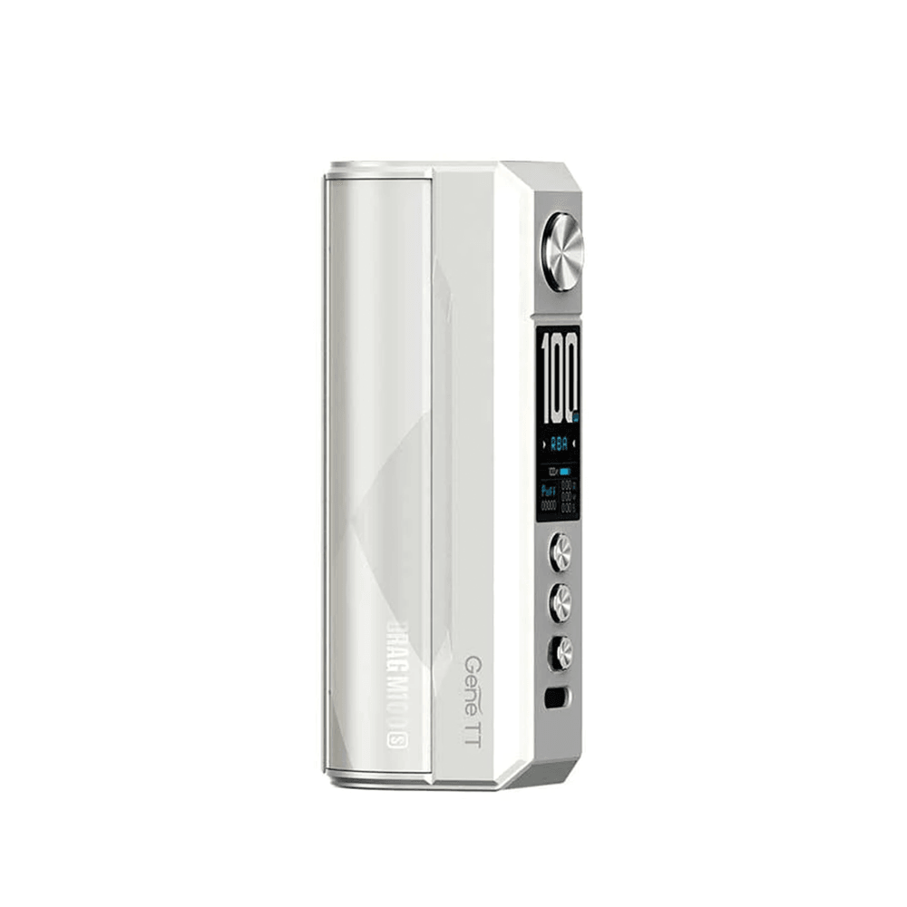 Silver Voopoo Drag M100S Mod with display screen and buttons, by Gene TT.