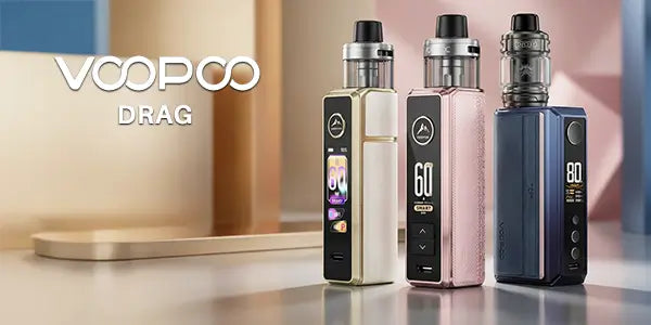 VOOPOO Drag mod and vape kit lineup: high-performance Drag 5 dual-battery kit and versatile PnP X platform compatible Drag S3 and X3 pod systems.