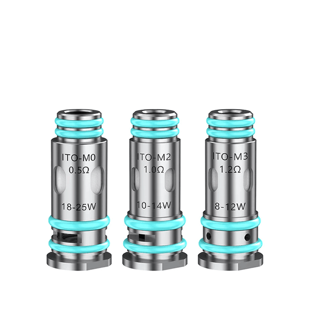 Three VooPoo ITO replacement coils with varying resistances and wattage ranges.