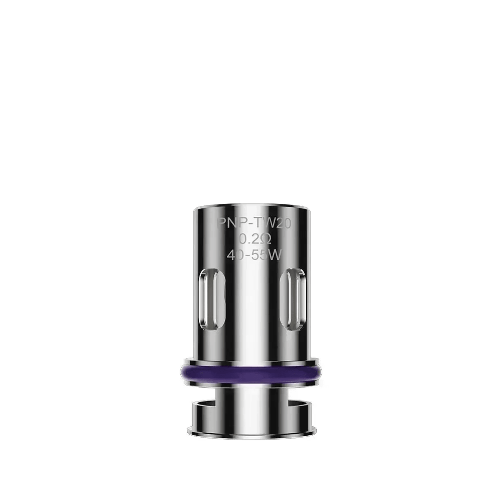 VooPoo PnP-TW20 coil head, 0.2 ohm, silver with purple ring, for vaping devices.