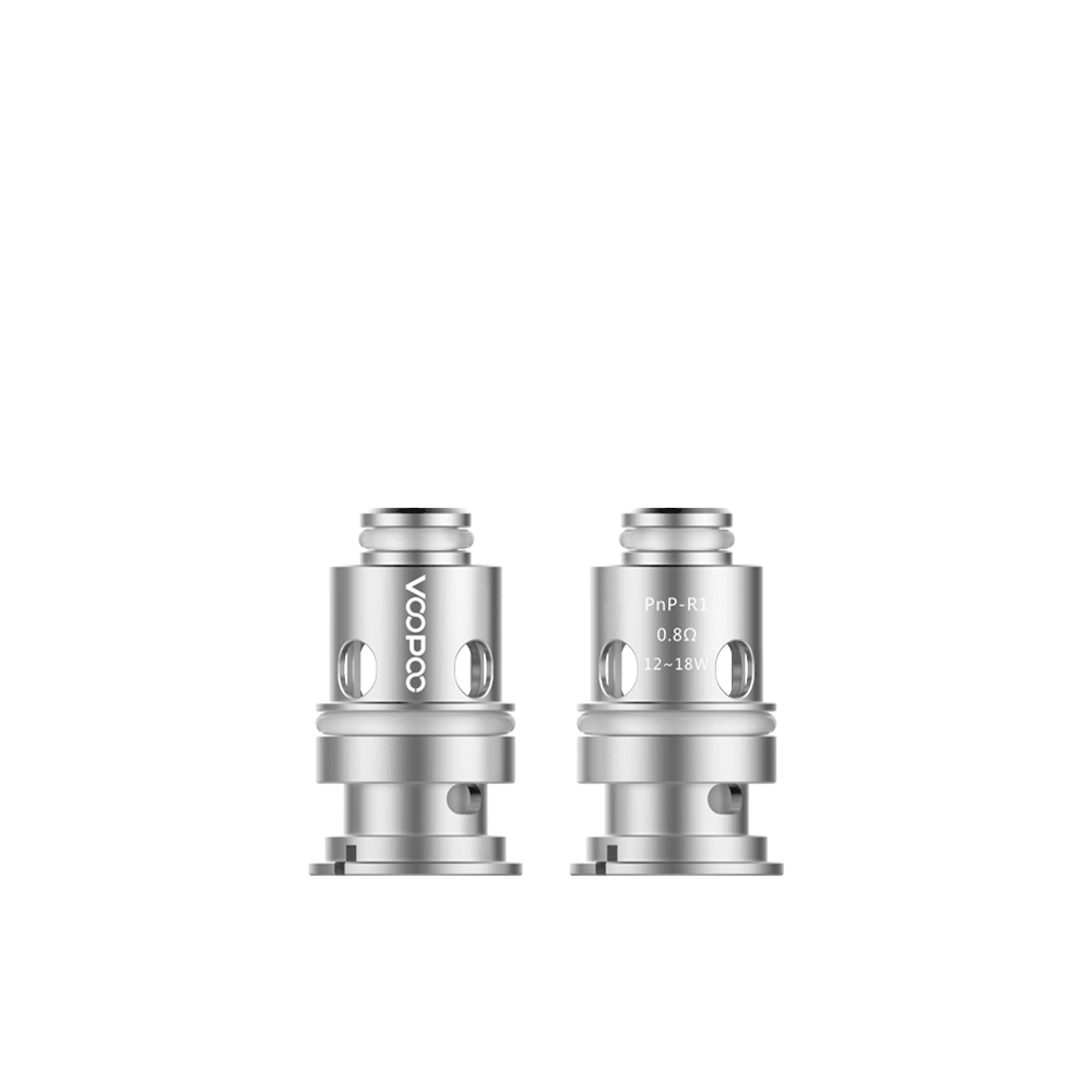 Two silver Voopoo PnP coil heads for vaping devices on a white background.