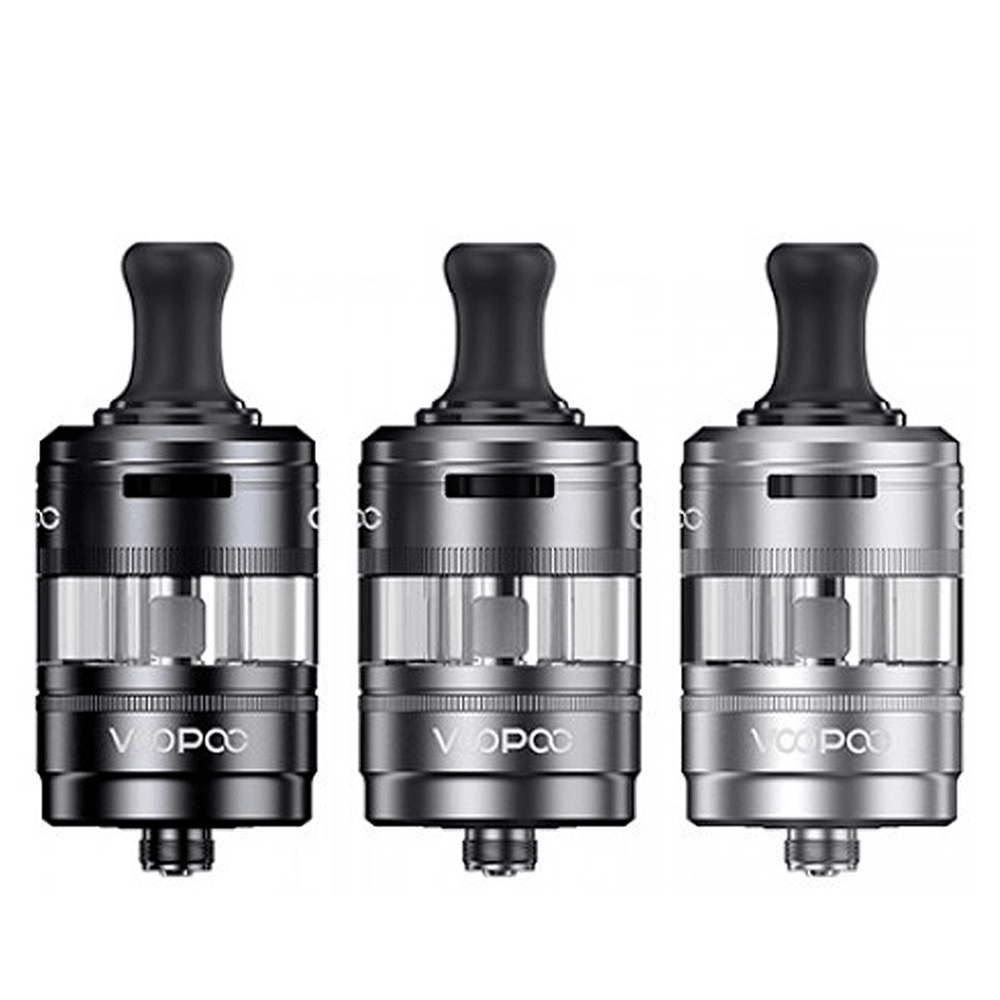 Three VooPoo PnP-X MTL pod tanks in metallic finish displayed side by side.