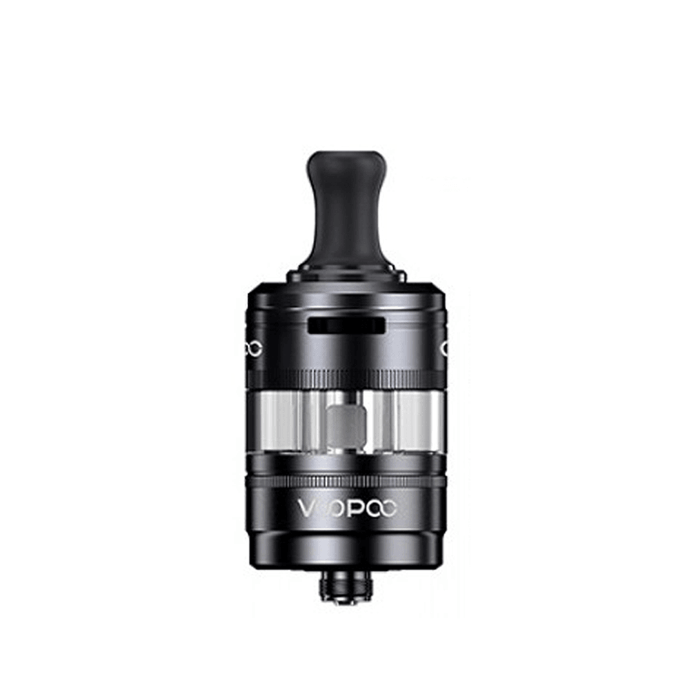 Voopoo PnP-X MTL Pod Tank, black, with drip tip, transparent mid-section.