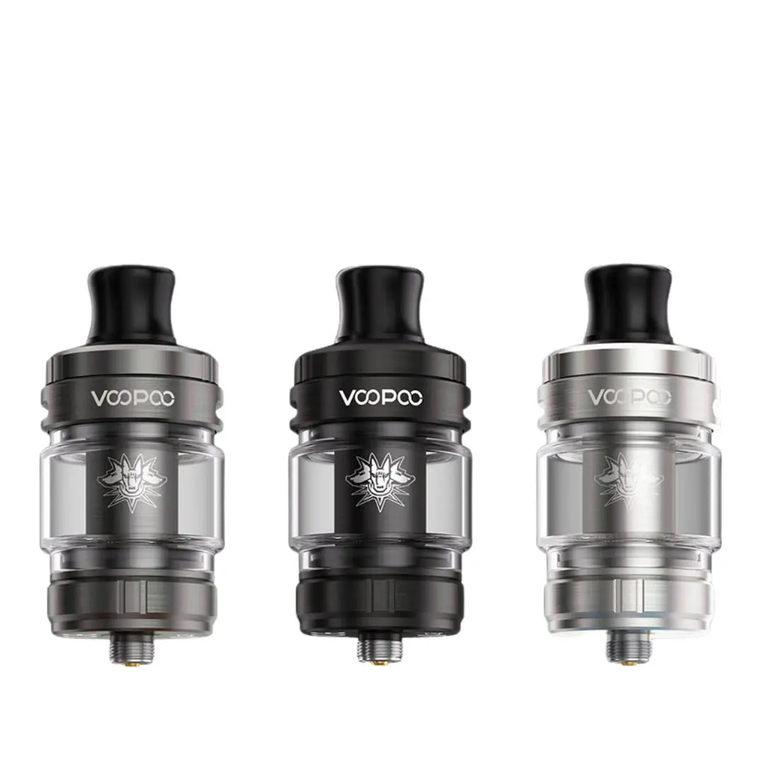 Voopoo Uforce X Nano Tank in three finishes, black, gunmetal, and stainless steel