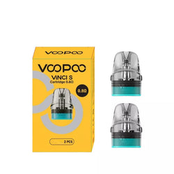 Voopoo Vinci S 0.6ohm replacement pods showing the yellow retail box alongside two clear pods with a teal base on a white background.