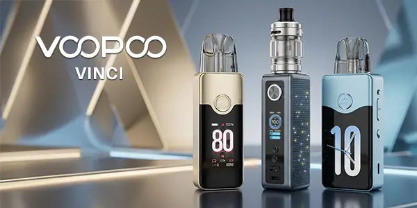 VOOPOO Vinci series collection featuring the Vinci E80 pod mod in gold, the Vinci Spark with a sub-ohm tank, and the Vinci E120 in pastel blue.