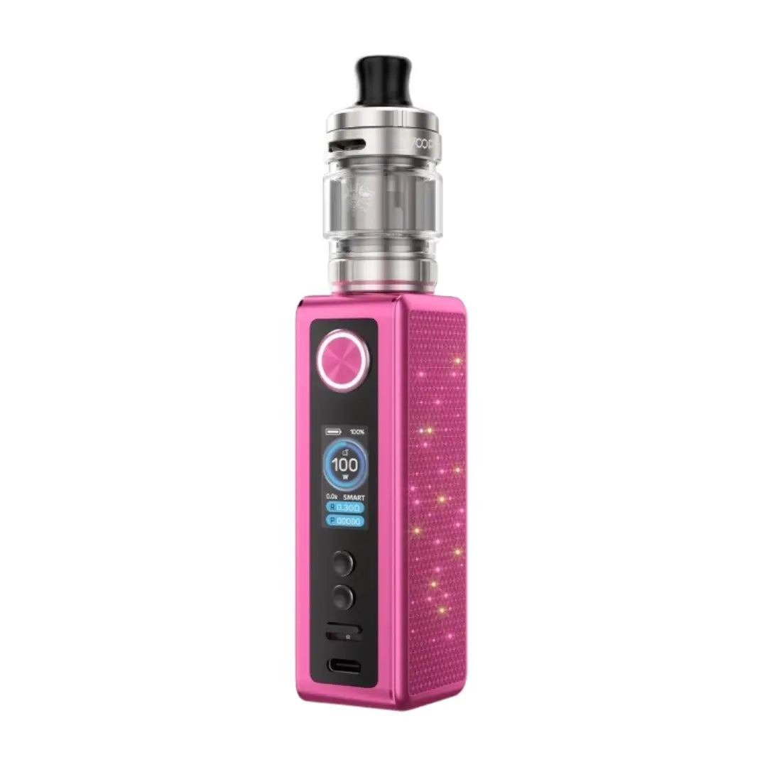 Voopoo Vinci Spark 100 vape kit in a vibrant Rose Red colour, featuring a compact LED-lit design, a digital display with Voopoo Uforce-X Nano Tank in Stainless Steel