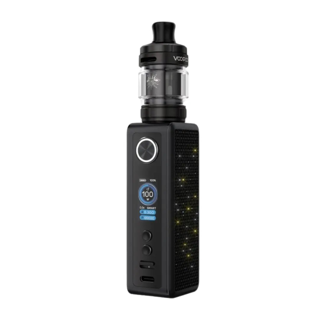 Voopoo Vinci Spark 100 vape kit in Black colour, featuring a compact LED-lit design, a digital display with Voopoo Uforce-X Nano Tank in Black