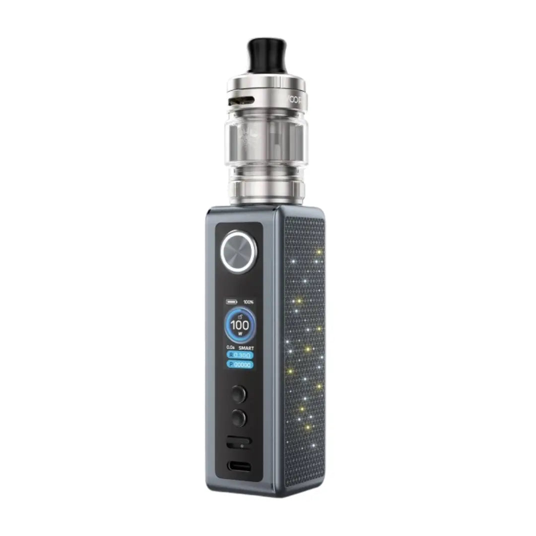 Voopoo Vinci Spark 100 vape kit in a Metal Grey colour, featuring a compact LED-lit design, a digital display with Voopoo Uforce-X Nano Tank in Stainless Steel