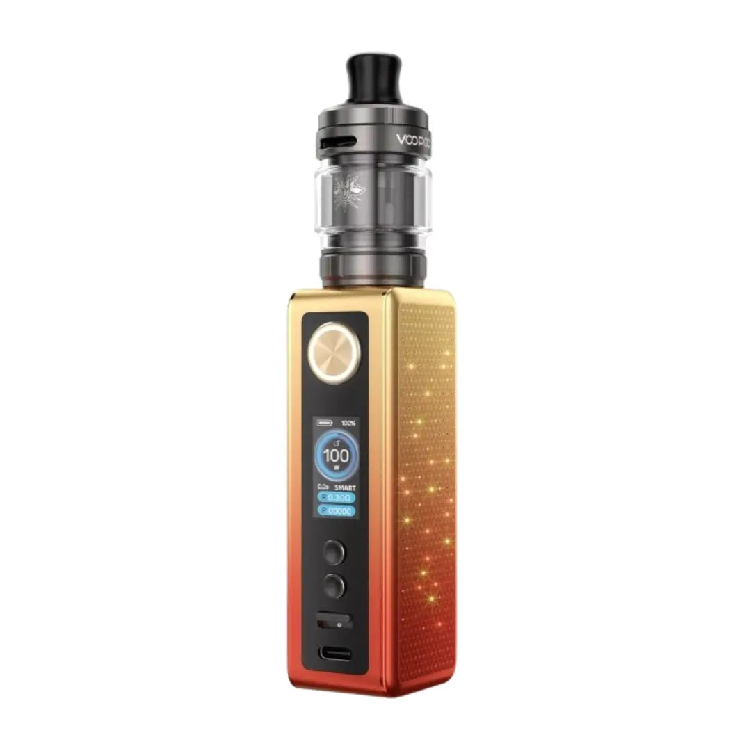 Voopoo Vinci Spark 100 vape kit in a vibrant orange-to-red gradient colour, featuring a compact LED-lit design, a digital display with Voopoo Uforce-X Nano Tank in Grey metal