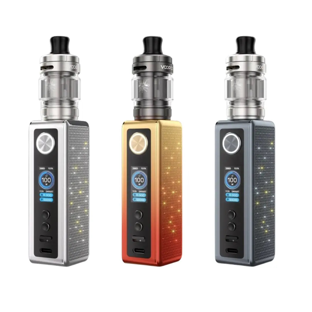 Three Voopoo Vinci Spark 100 vape kits displayed in different colour options: silver, orange red gradient, and metal grey, featuring a compact design with LED lighting, a digital screen, and The Voopoo Uforce-X Nano Tank