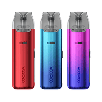 Three Voopoo Vmate Pro pod kits in red, blue, and purple.