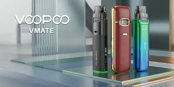 VOOPOO VMATE pod system lineup featuring the VMATE E2 in red leather and gold, the VMATE Pro 2, and the VMATE Max Vape.