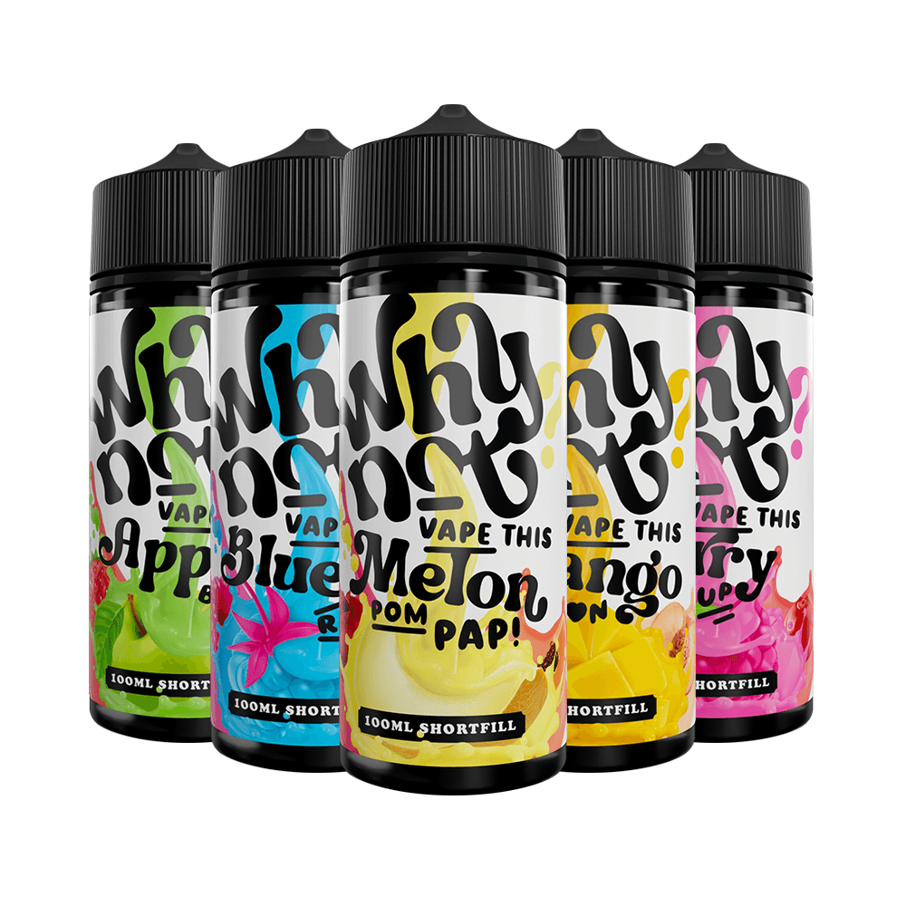 Five colourful e-liquid bottles with vibrant labels, including apple, melon, and berry flavours.