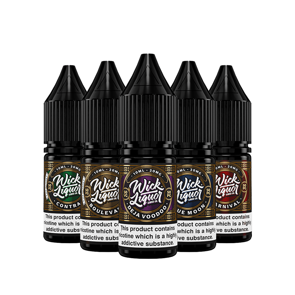 Five bottles of Wick Liquor 10ml vape salts in various flavours, with black caps.