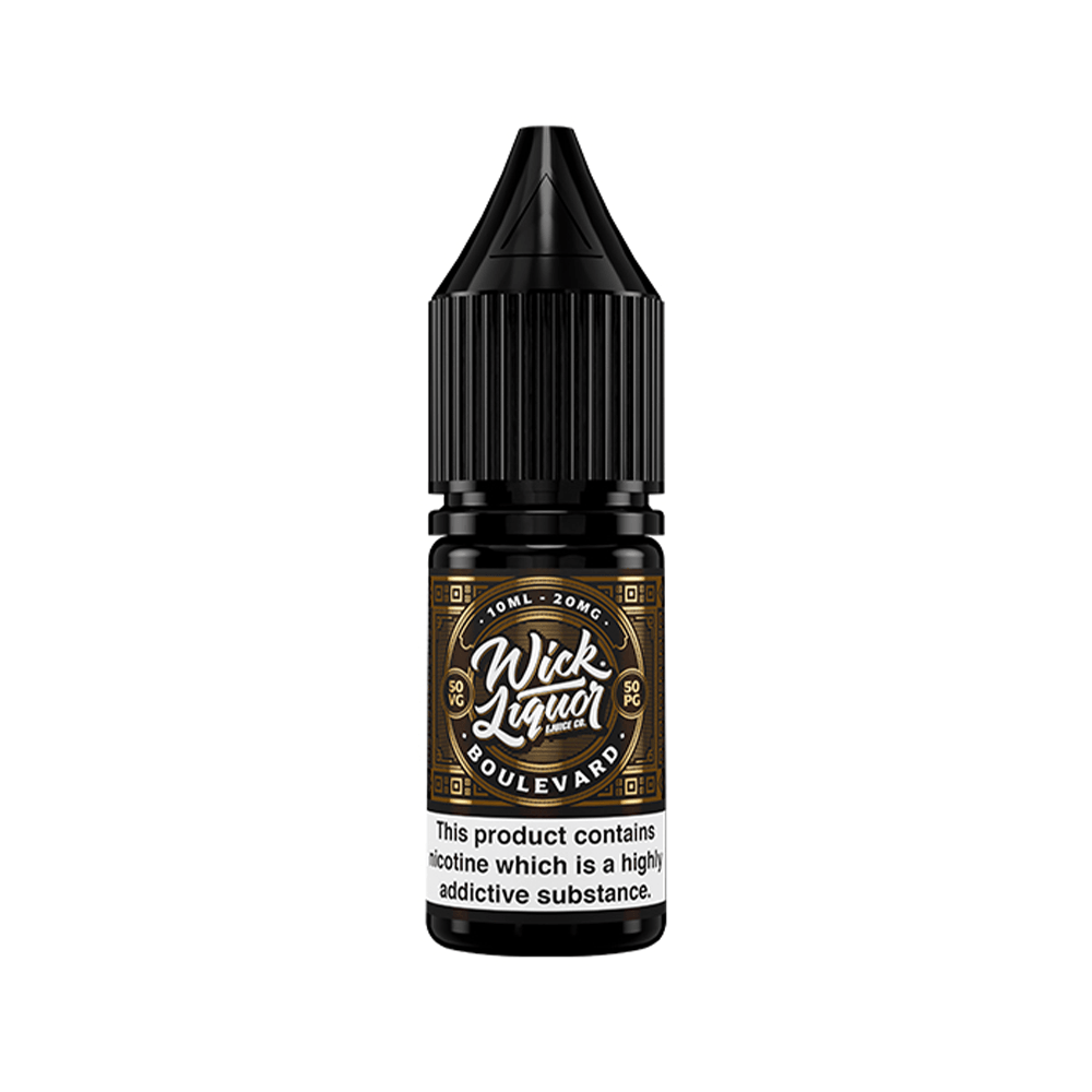 Wick Liquor Boulevard 10ml e-liquid bottle with nicotine warning label.