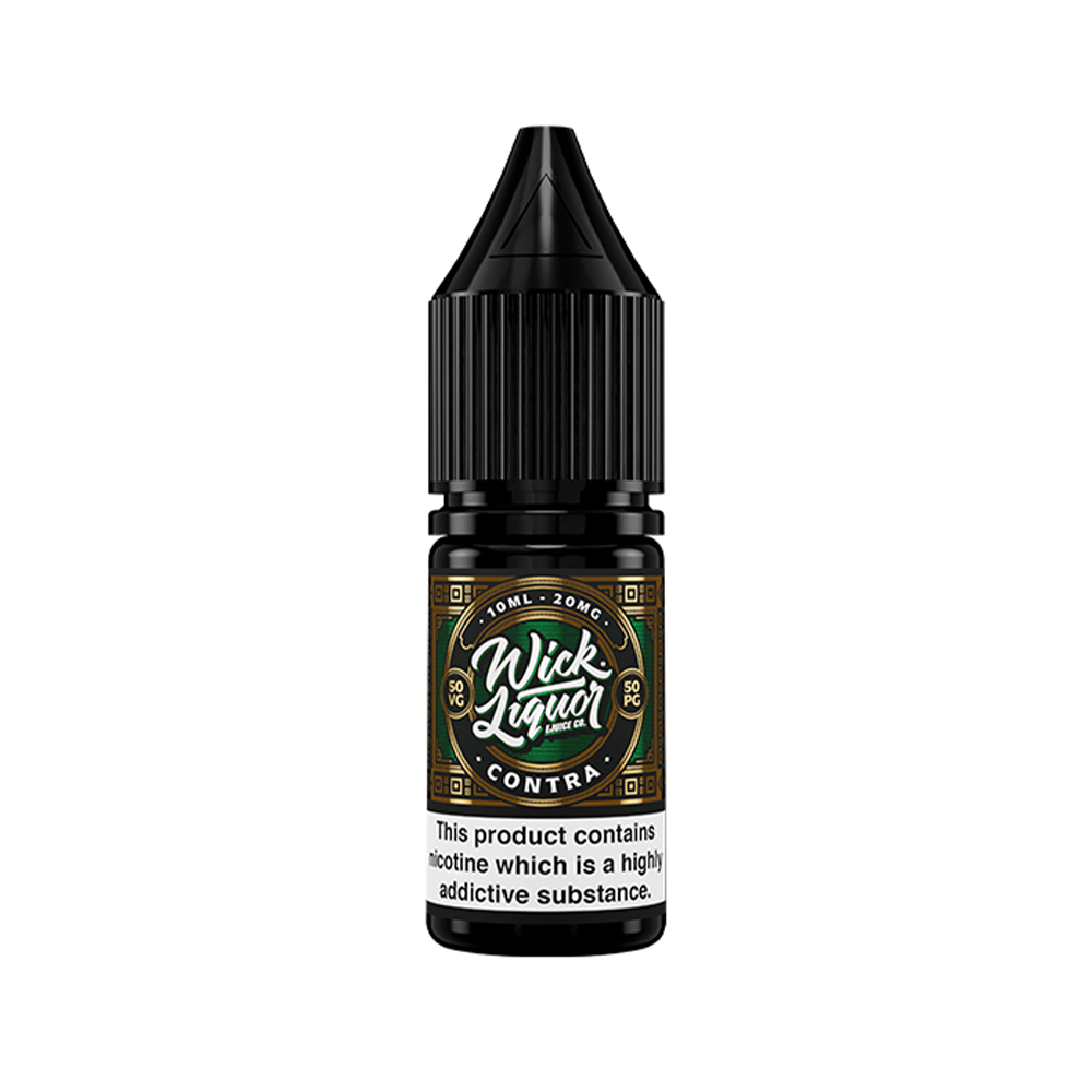 Wick Liquor Contra 10ml salt nicotine bottle with black cap and label, UK vape product.