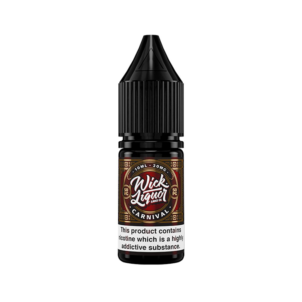 Wick Liquor Carnival 10ml salt nicotine bottle with a black cap and detailed label design.