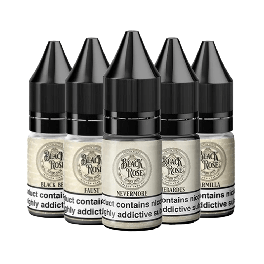 Five Black Rose Elixirs 10ml vape juice bottles with various flavours displayed.